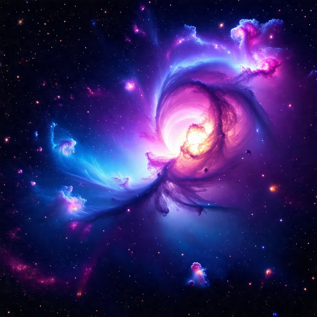 Purple nebula with a blue center, surrounded by a black b...