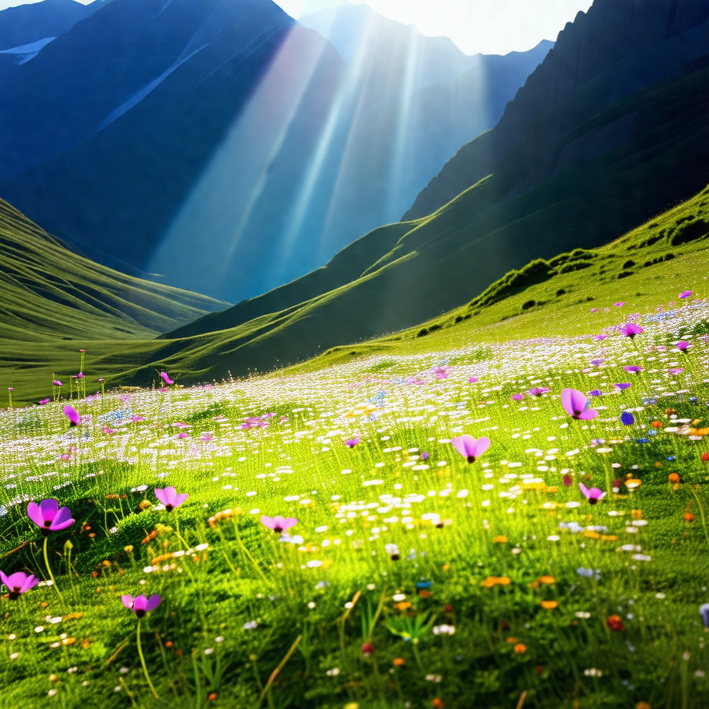 Beautiful mountain landscape with a lush green field and ...
