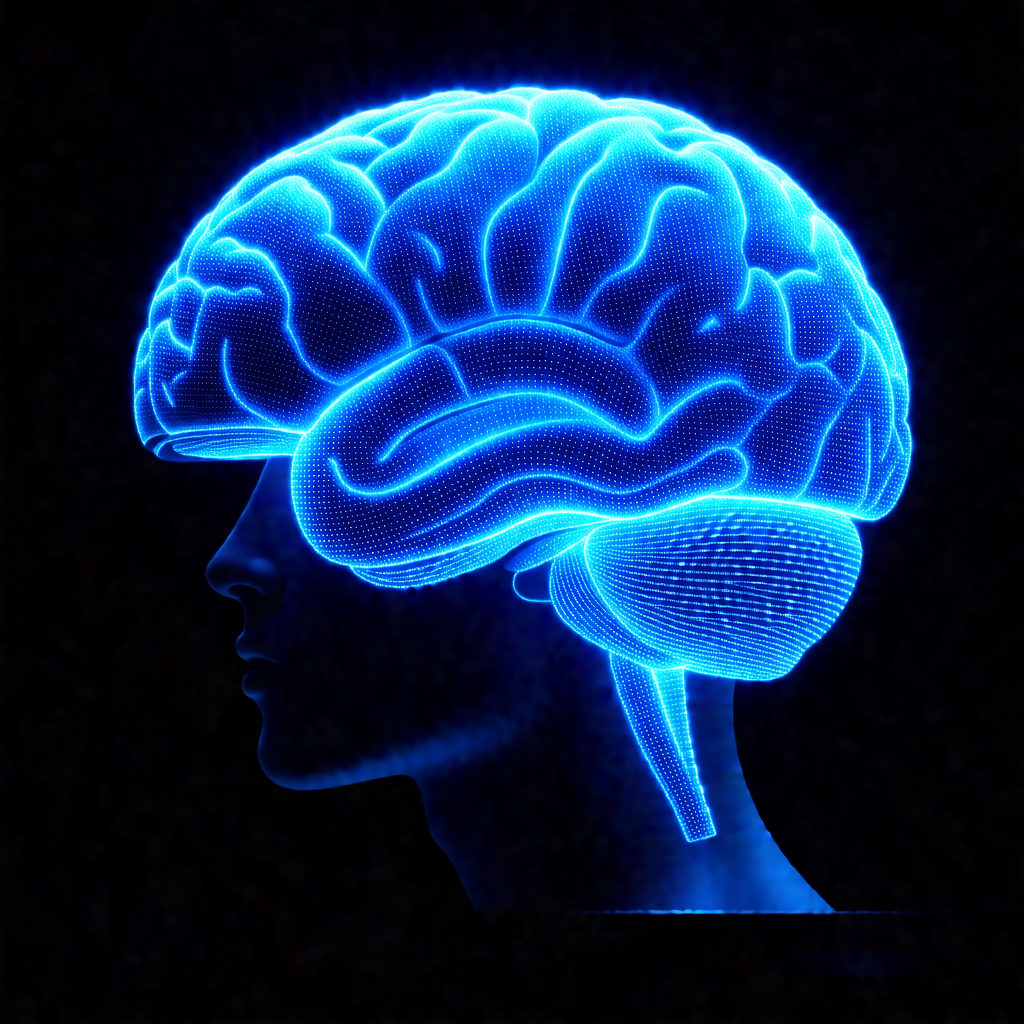 Close-up of a human head, focusing on the frontal lobe of...