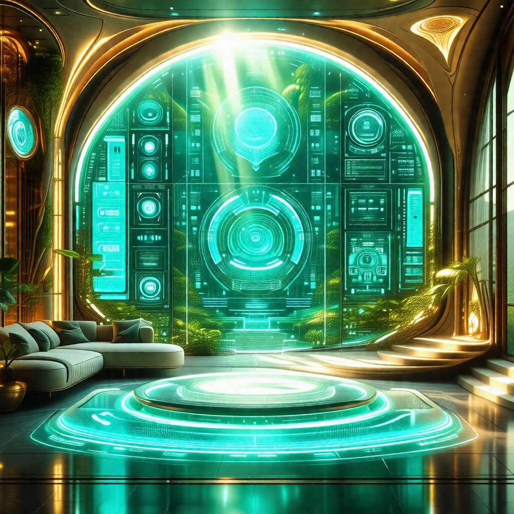 Futuristic living room with a large, circular window that...