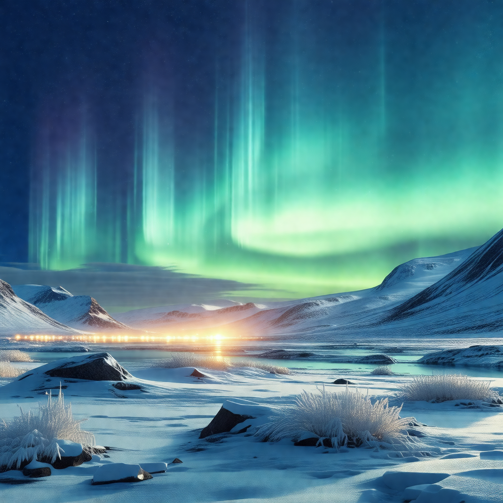 Captures a beautiful night scene with a snow-covered land...