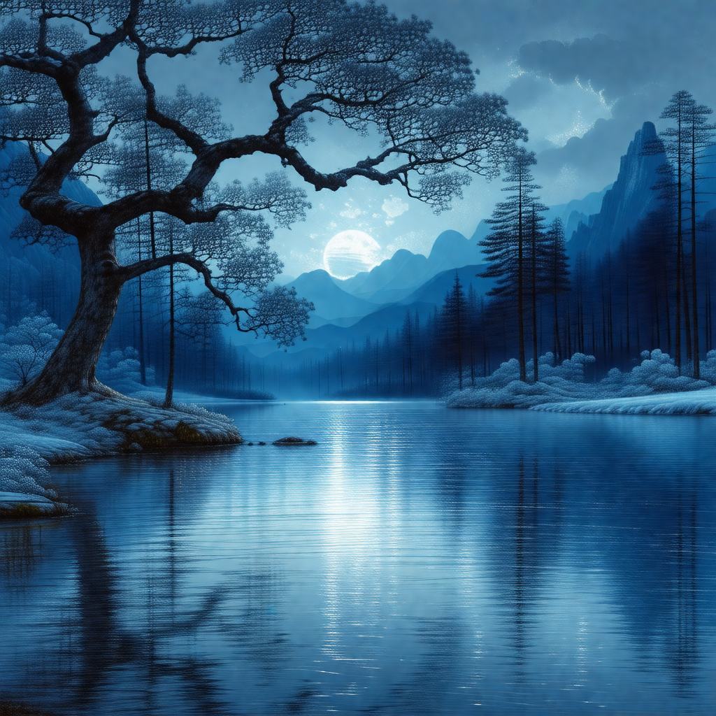 Serene scene of a lake at night, with a full moon illumin...
