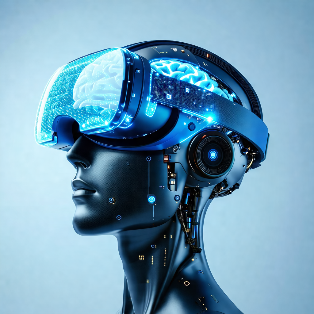Robotic head with a blue and white color scheme