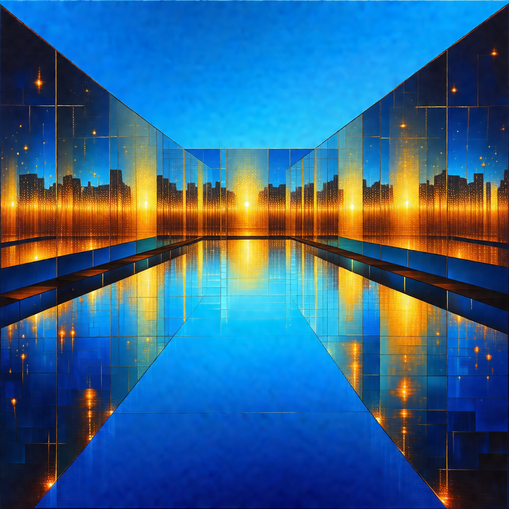 Painting of a cityscape at night, with a large body of wa...