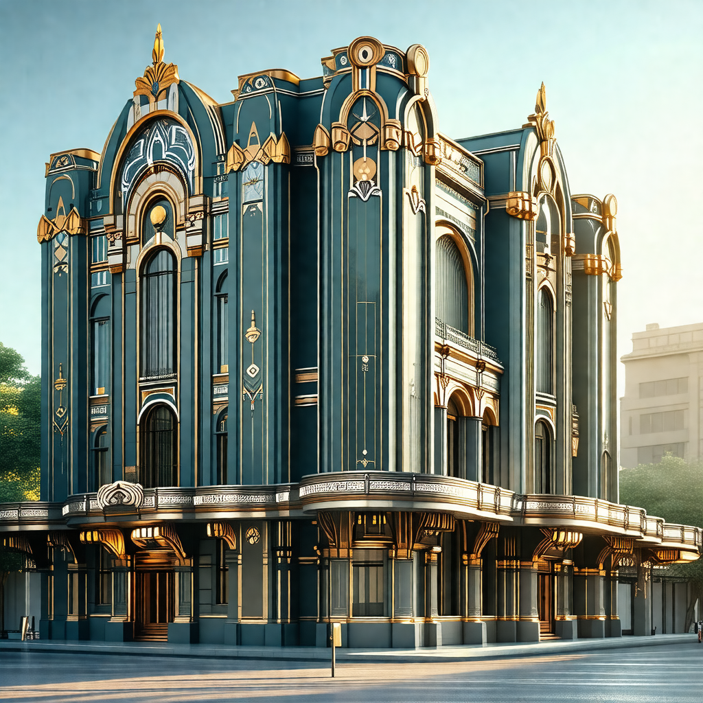 3d rendering of a large, ornate building with a blue and ...