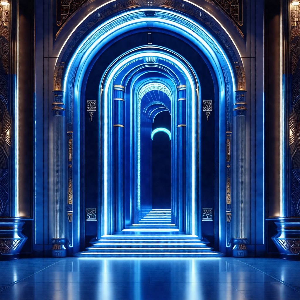 Large, blue-lit hallway with a row of arched doorways