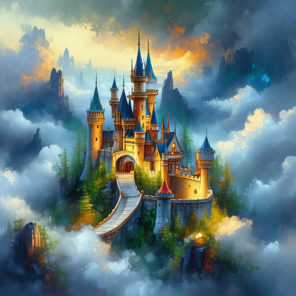 Painting of a majestic castle, situated on top of a hill
