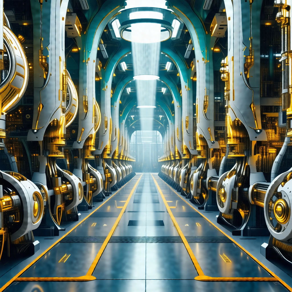 Futuristic factory with a long hallway filled with rows o...