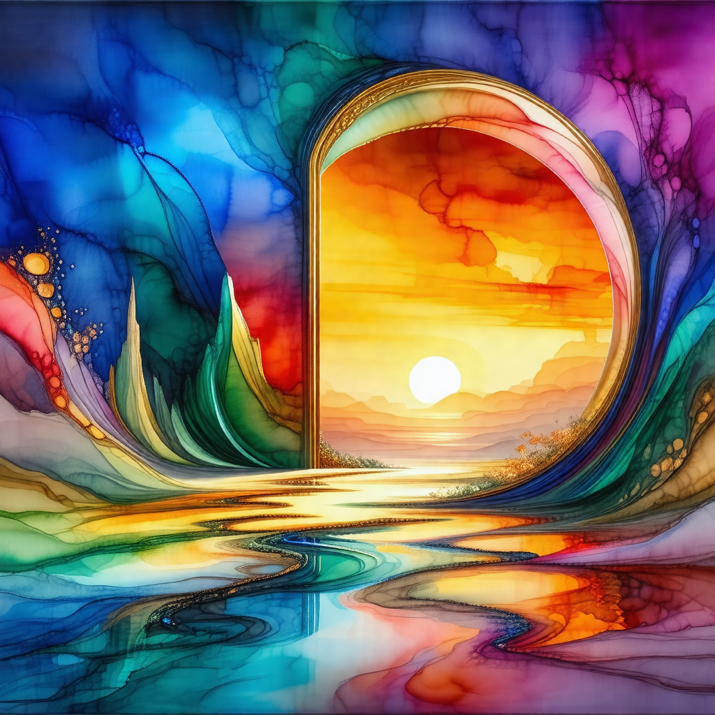 Colorful painting of a doorway, with a sunset in the back...