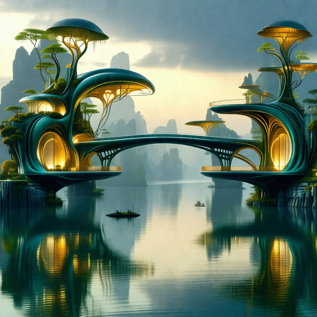 Futuristic city with a large bridge spanning across a bod...