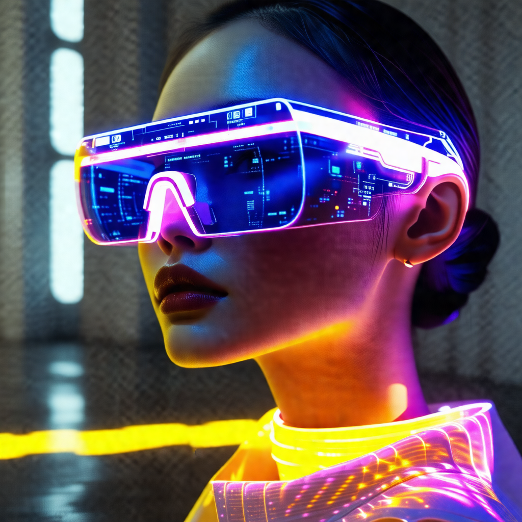 Woman wearing a futuristic outfit, including a white shir...