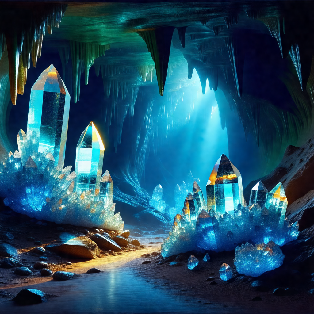Cave with a blue light illuminating the space