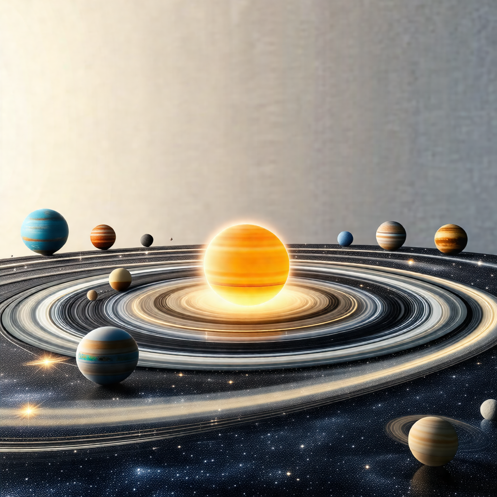 Solar system model with a large, bright sun at the center