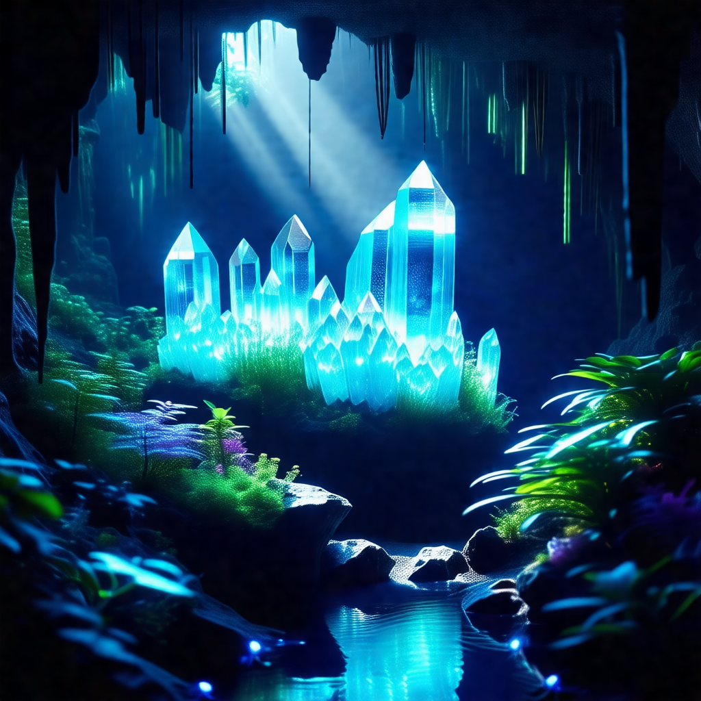 Beautiful underwater cave with a blue light illuminating ...