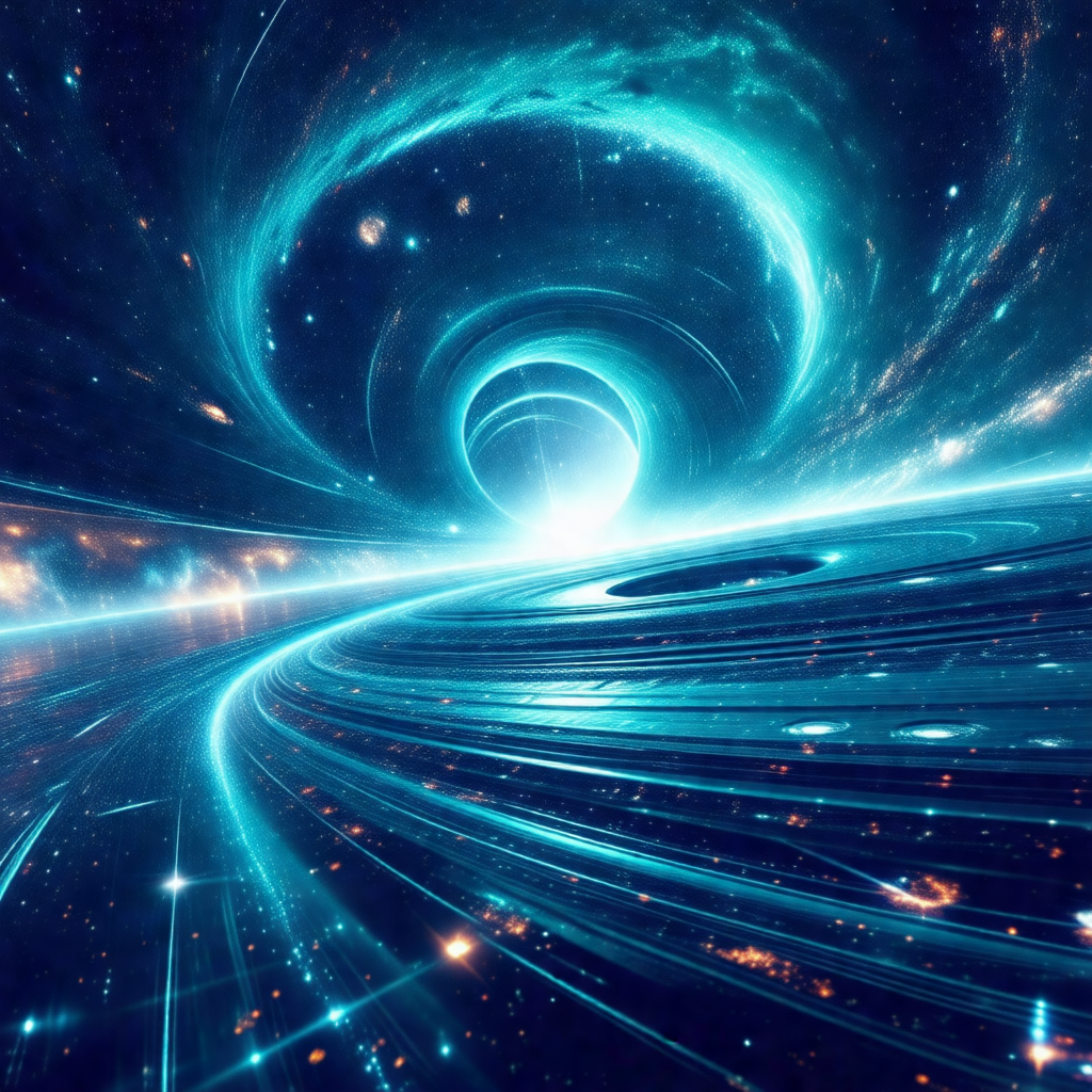 Futuristic space scene with a blue tunnel-like structure ...