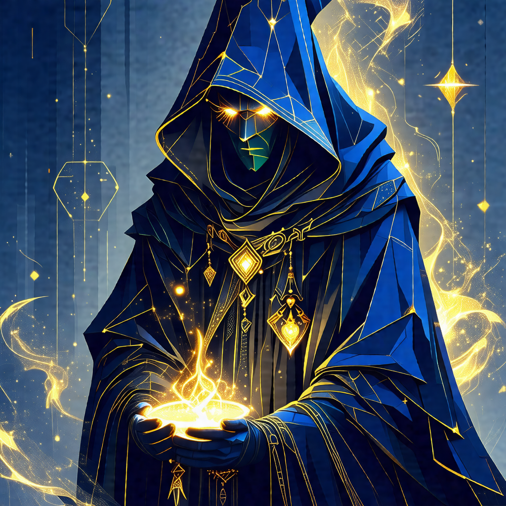 Person dressed in a blue robe, possibly a wizard or a kni...