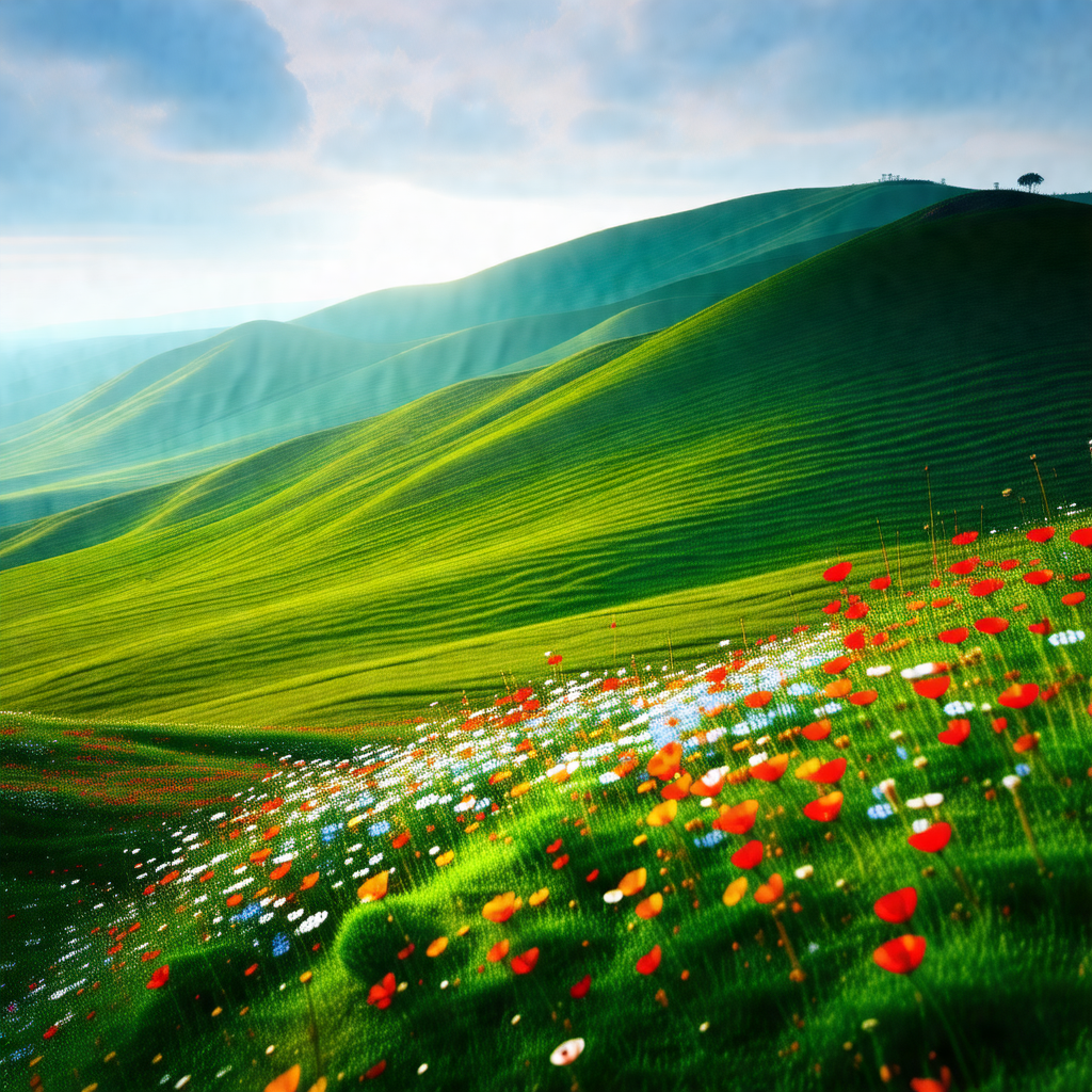 Beautiful, lush green hillside with a variety of wildflow...