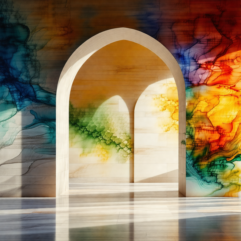 Large, colorful painting on the wall of a room