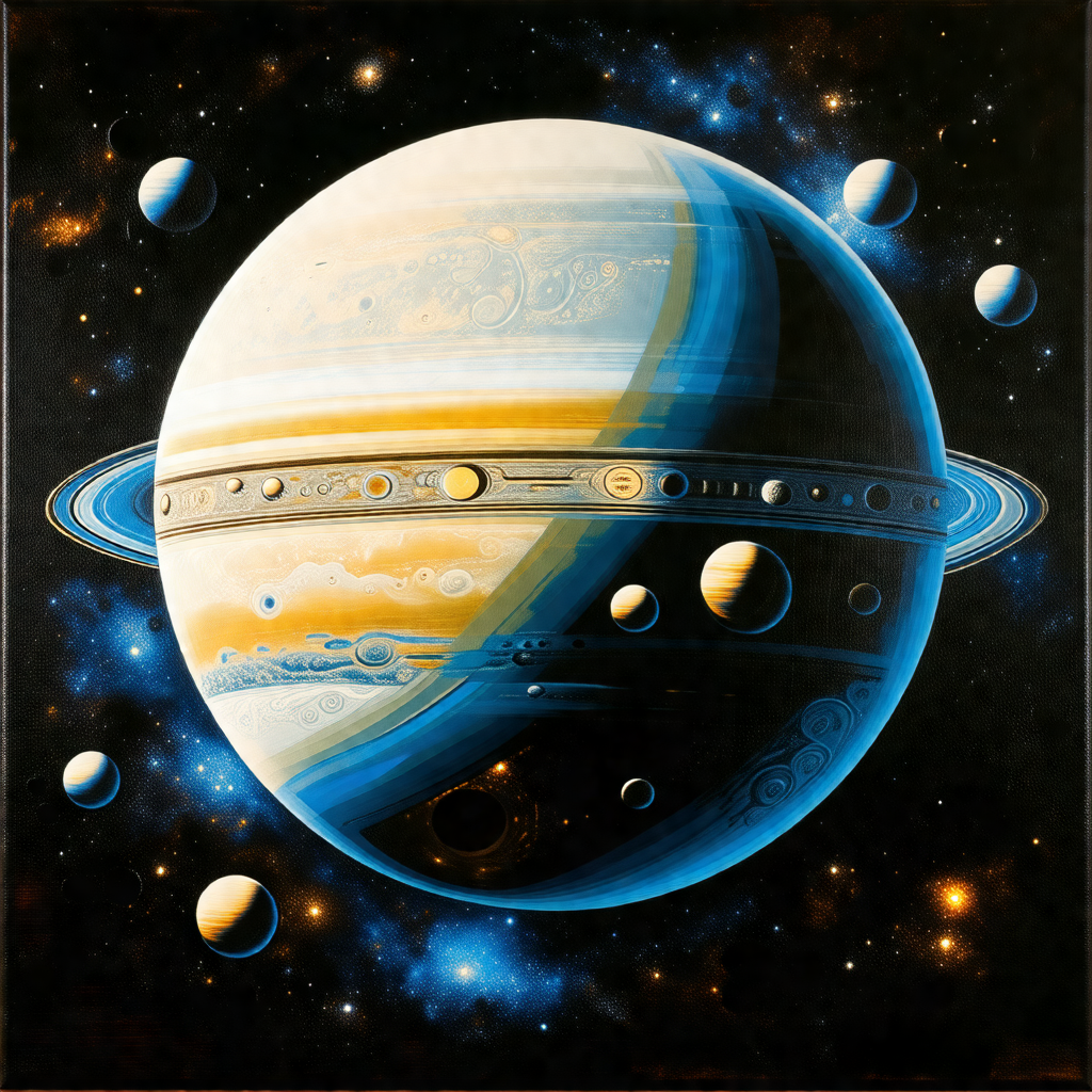 Painting of a blue and yellow planet with a ring around it