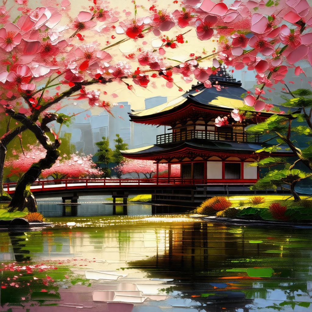 Beautiful japanese garden with a pagoda-style building in...