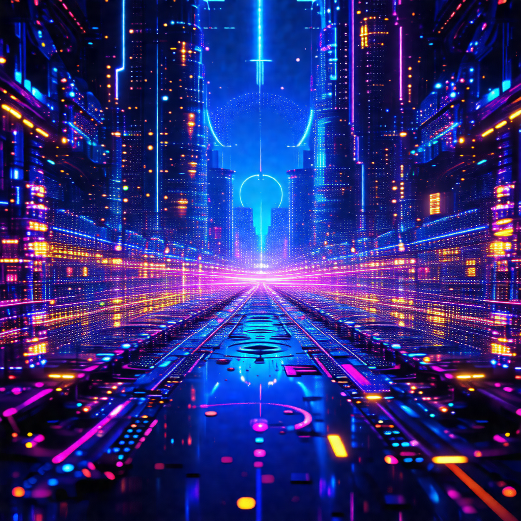 Futuristic cityscape with a blue and purple color scheme