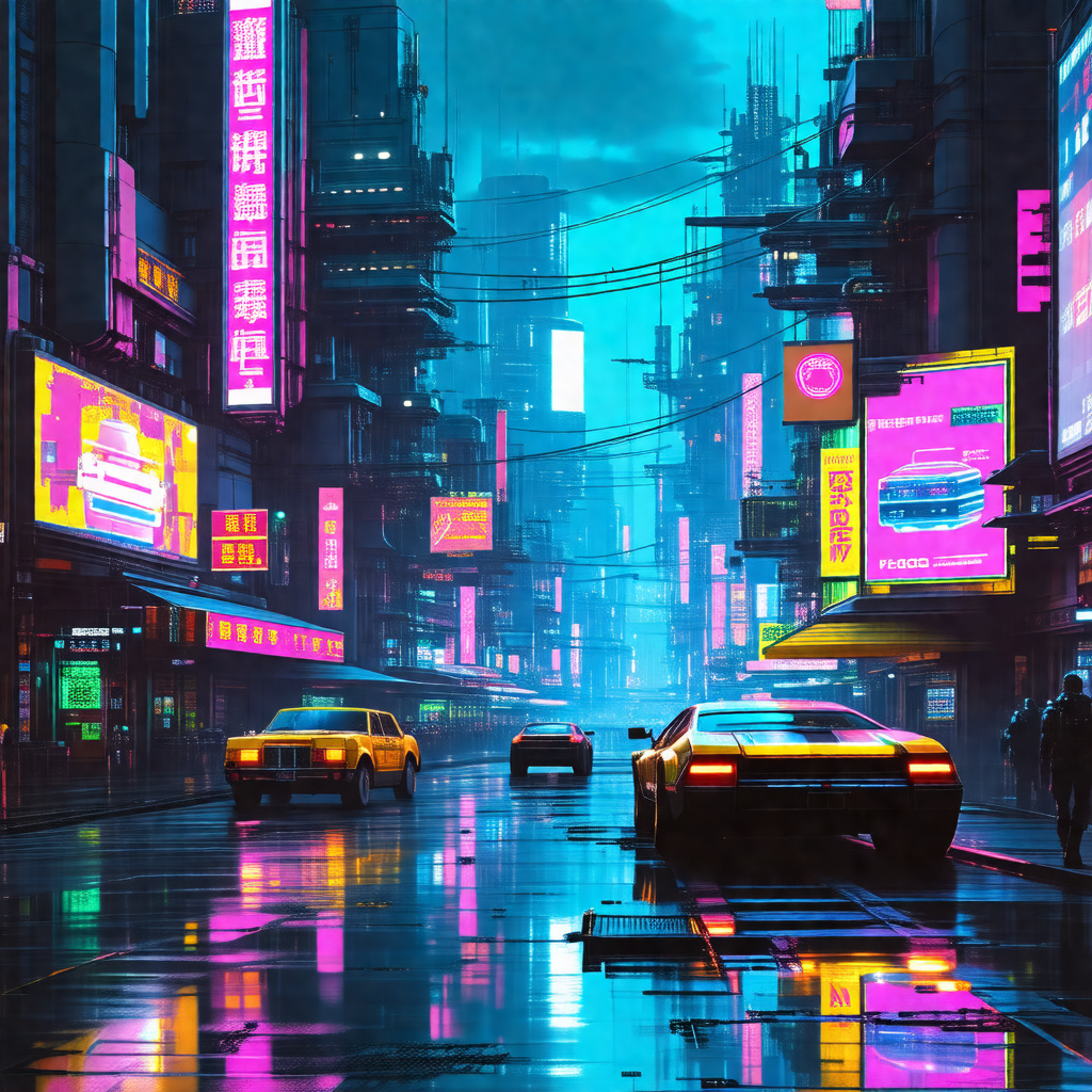 Futuristic cityscape with a rain-soaked street filled wit...
