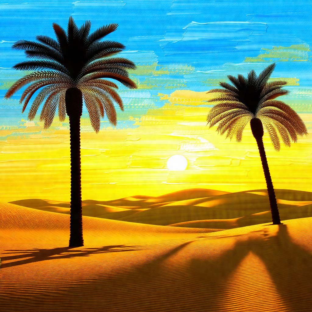 Beautiful sunset with two palm trees standing tall in the...