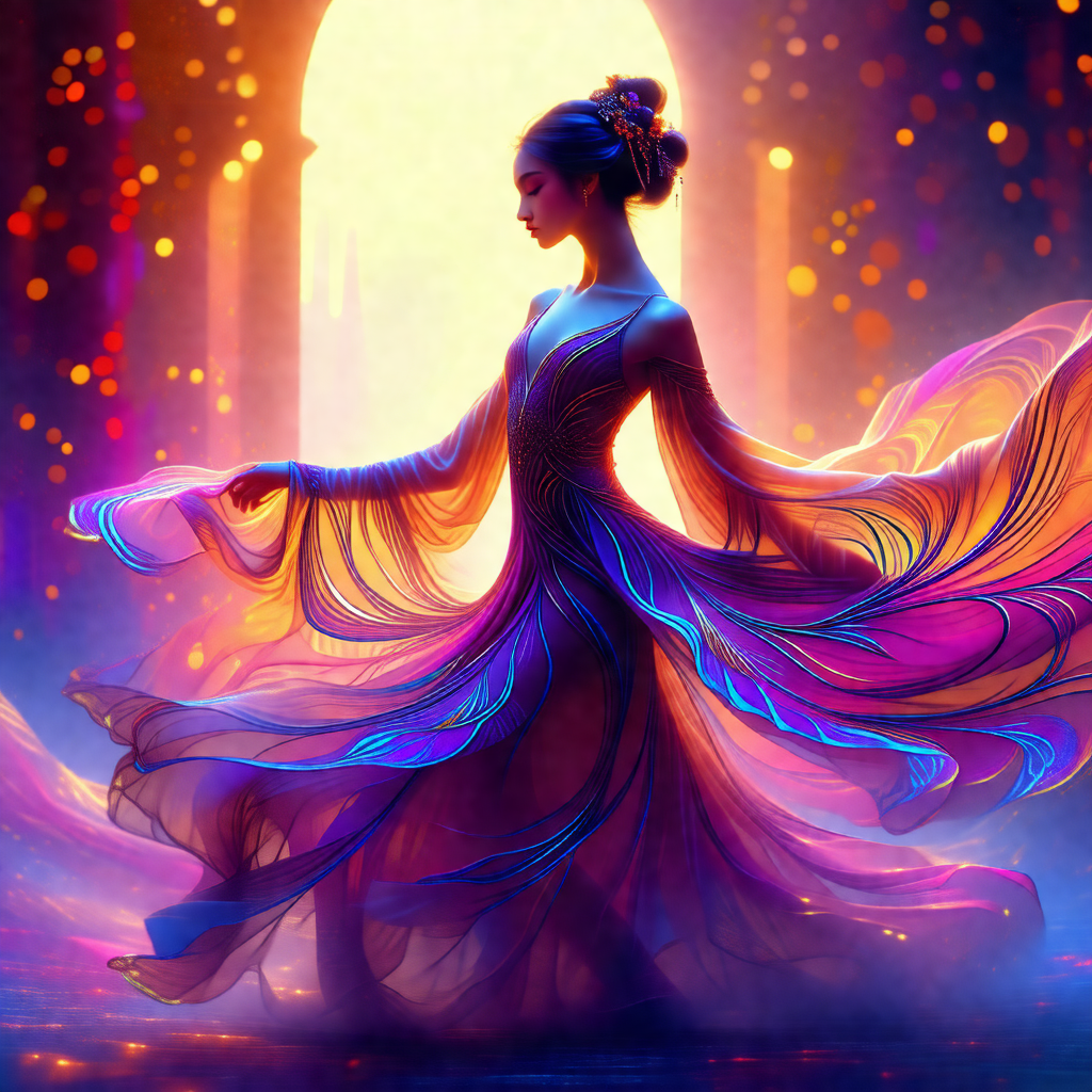 Woman dressed in a flowing, colorful dress, standing in a...