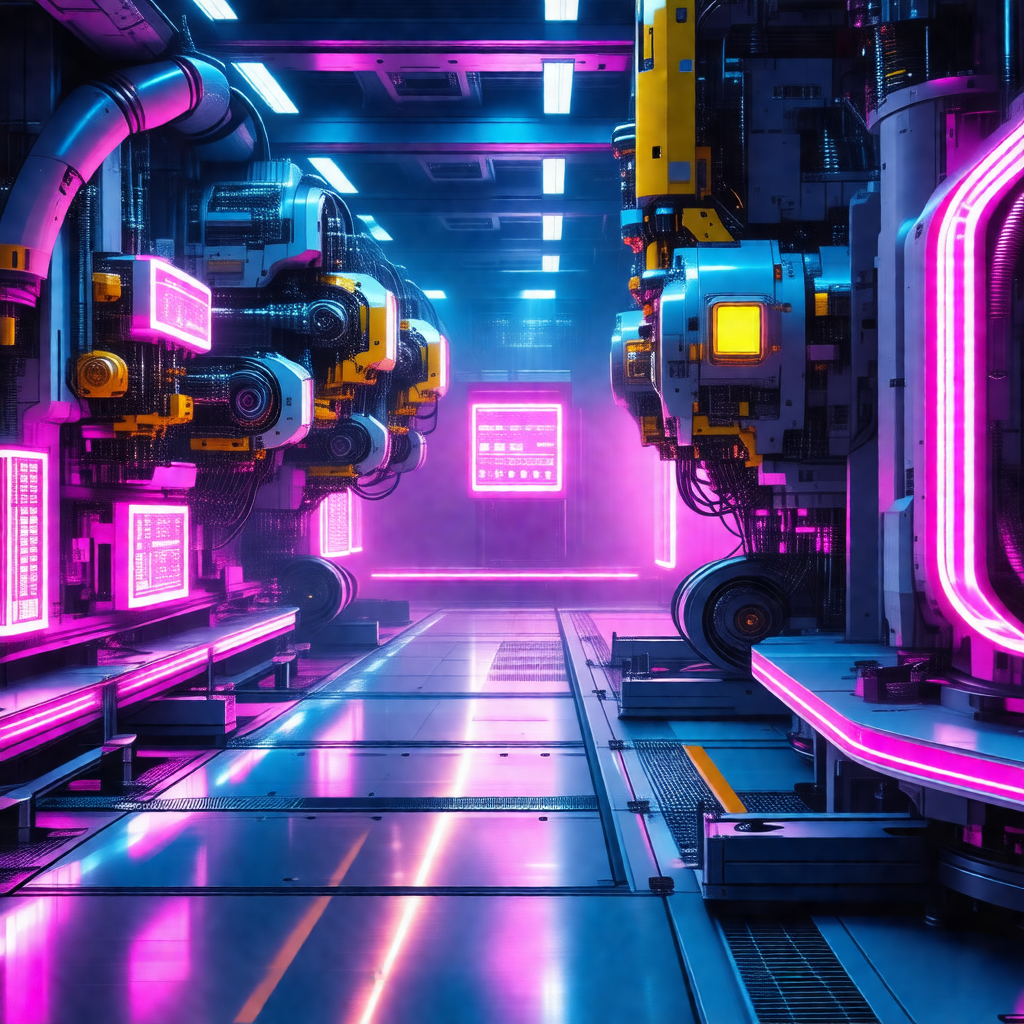Futuristic factory with a row of large, colorful machines...