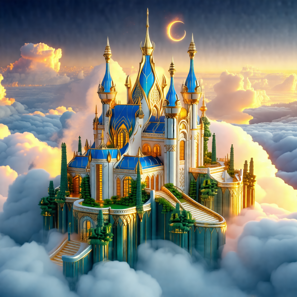 Beautifully designed castle with a blue and gold color sc...