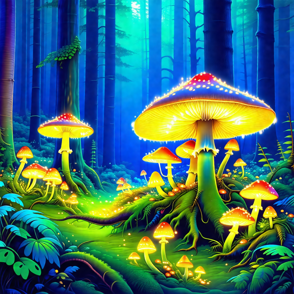 Lush forest filled with a variety of mushrooms