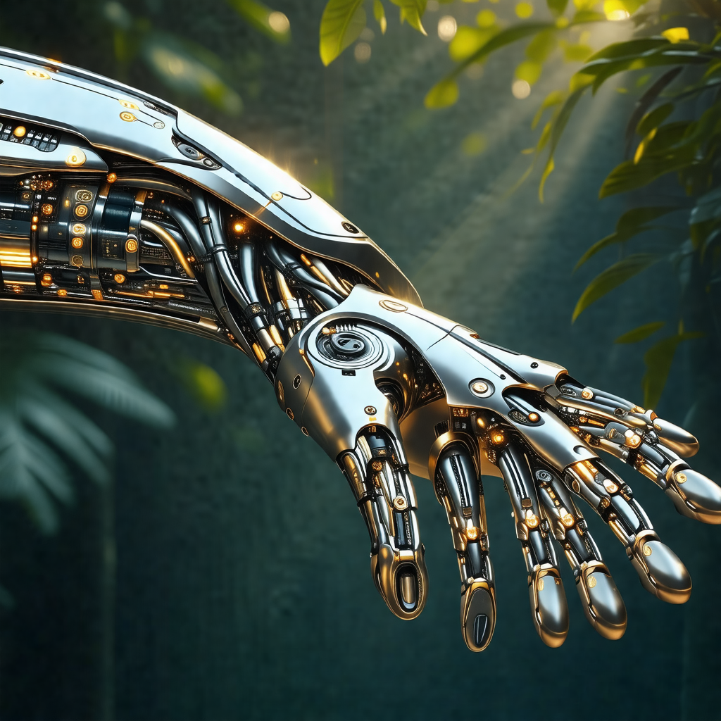 Close-up of a robotic hand with a silver finish
