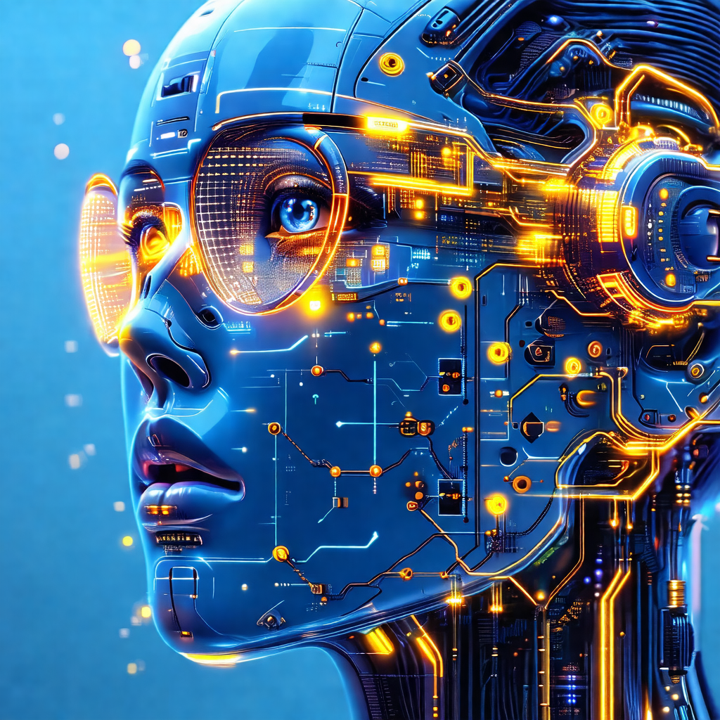 Futuristic robotic face with a blue hue