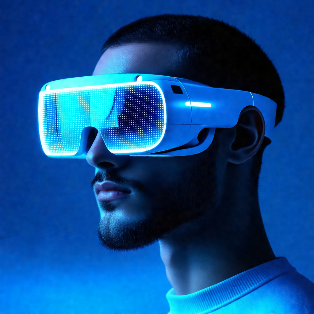 Man wearing a pair of blue goggles, which are designed to...