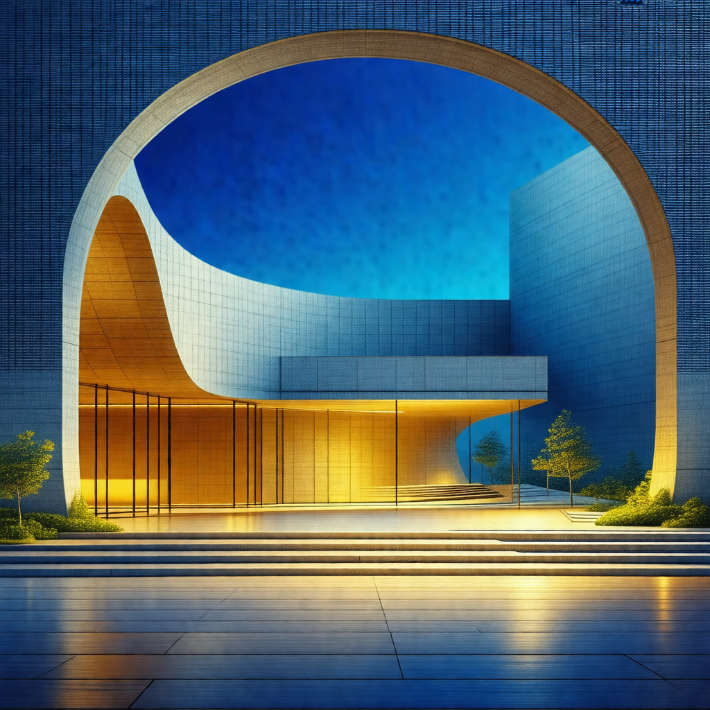 Large, modern building with a large archway entrance