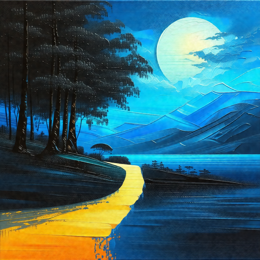 Painting of a forest at night, with a path leading throug...