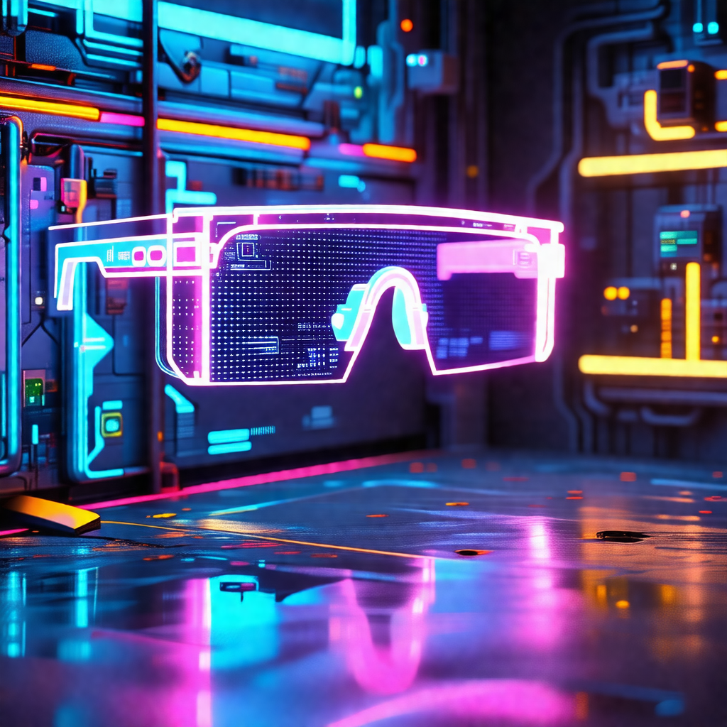 Futuristic scene with a pair of glowing sunglasses placed...