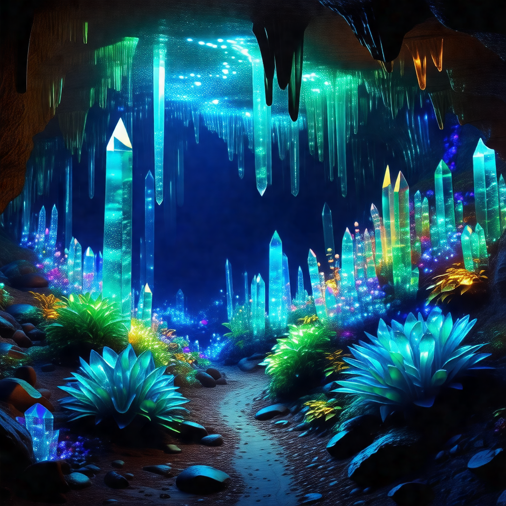 Colorful, computer-generated scene of a cave with a river...