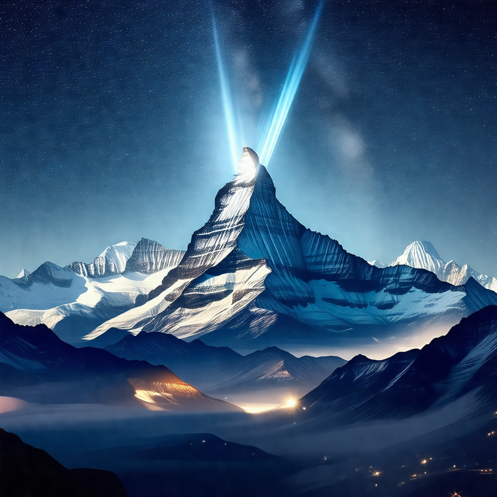 Majestic mountain with a bright light shining from its peak