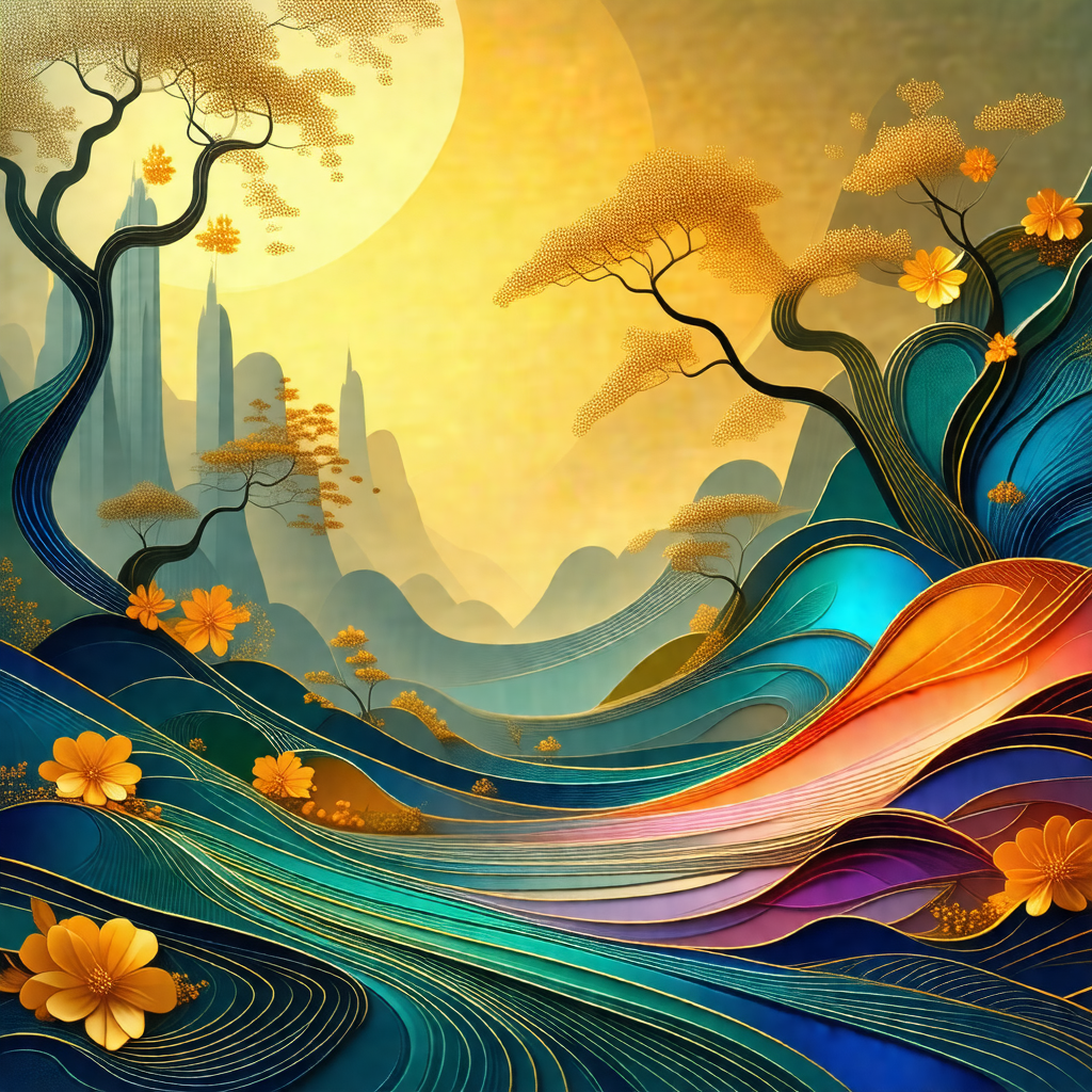 Painting of a beautiful landscape featuring a river with ...