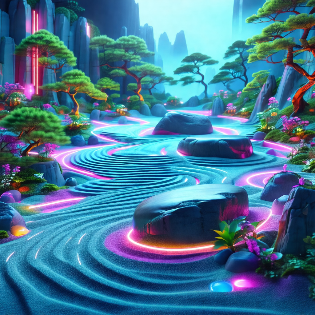 Digital painting of a beautiful garden with a river flowi...