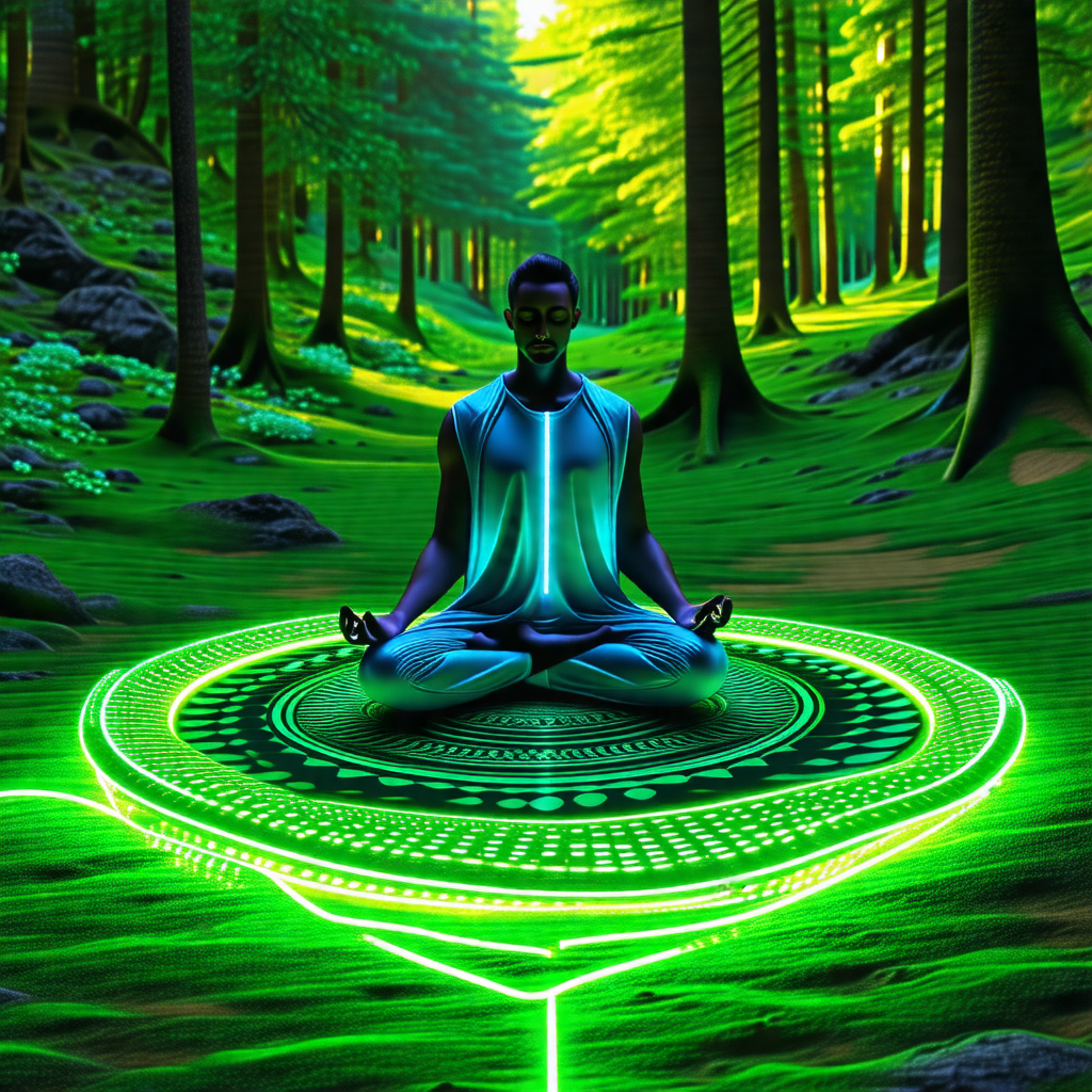 Man sitting in a circle of green light, possibly in a for...