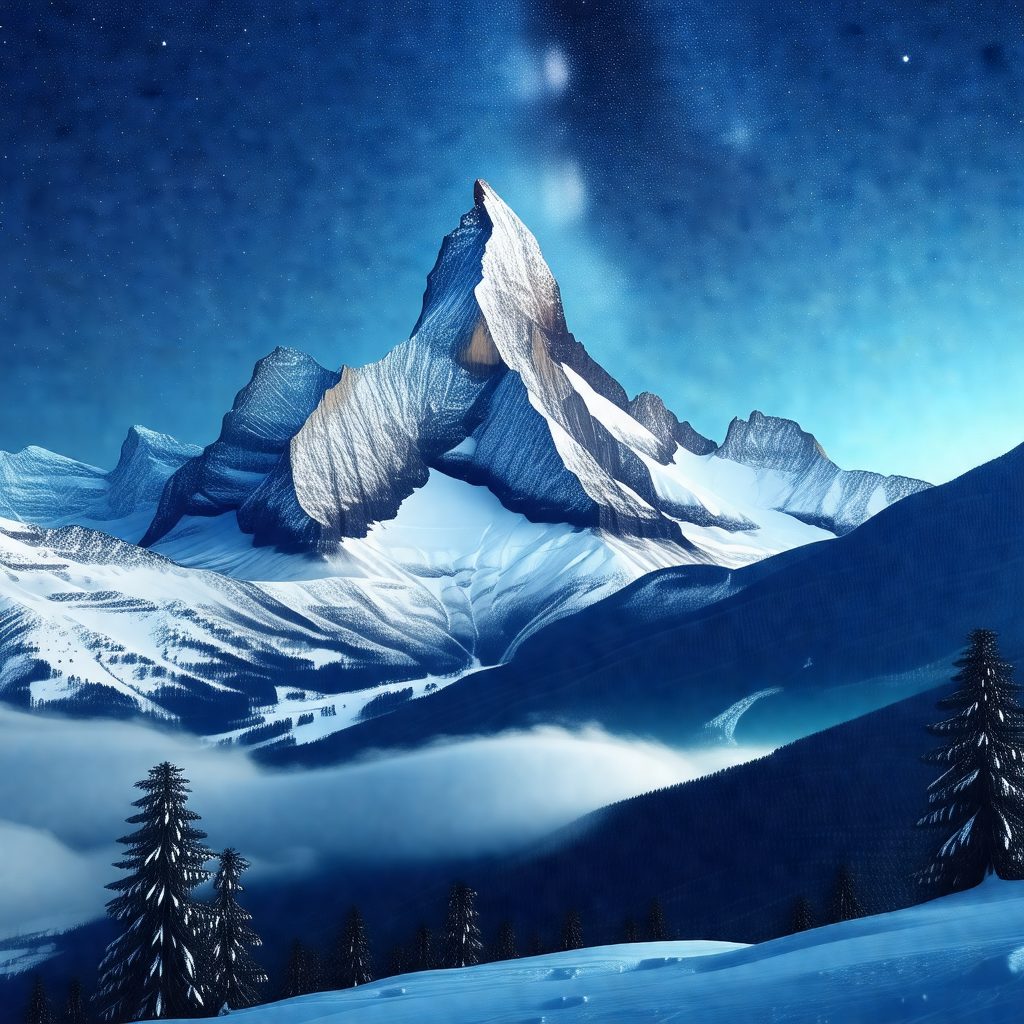 Painting of a snowy mountain with a large peak