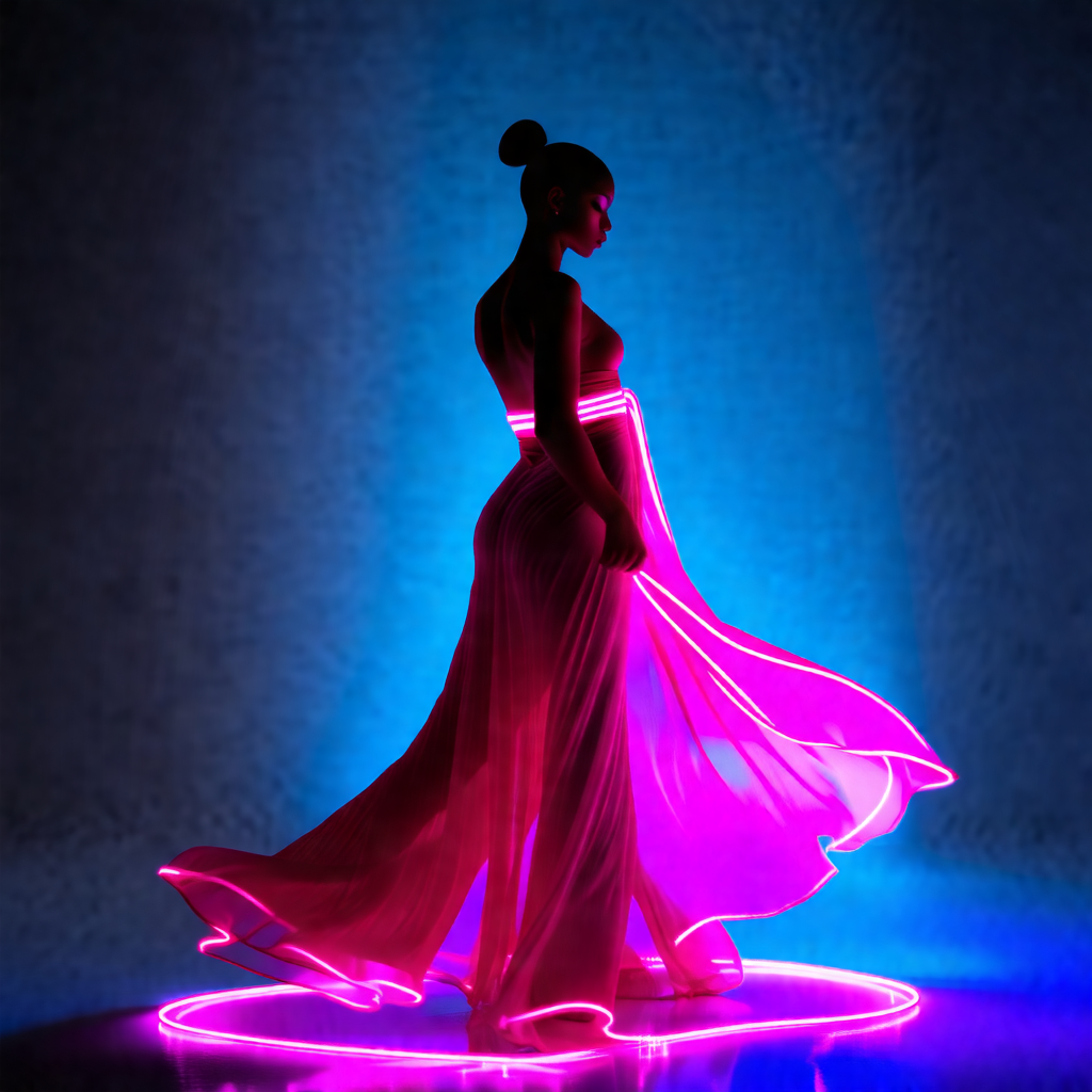 Woman wearing a pink dress, standing in a dark room with ...