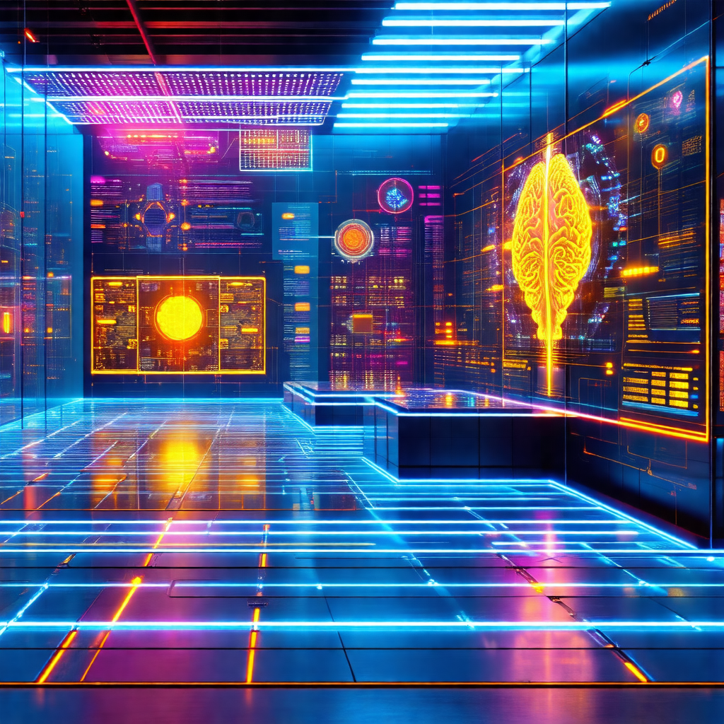 Futuristic room with a blue glow, giving it a neon-like a...