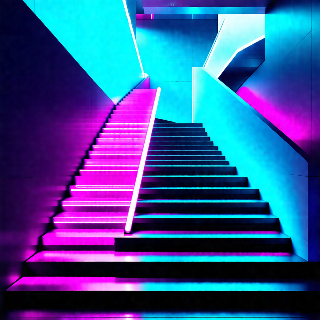 Staircase with a brightly lit, colorful atmosphere