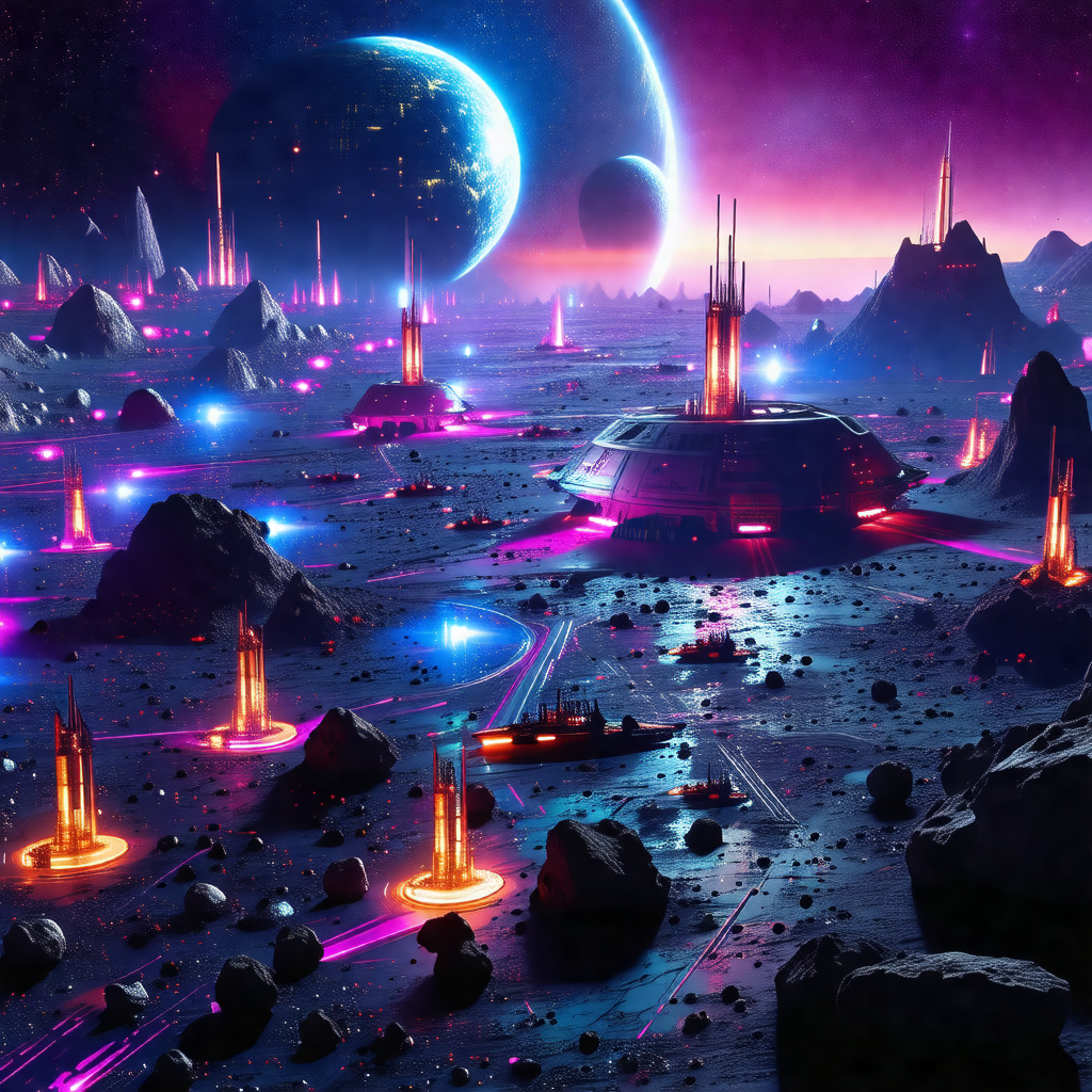 Futuristic cityscape with a variety of spaceships and bui...
