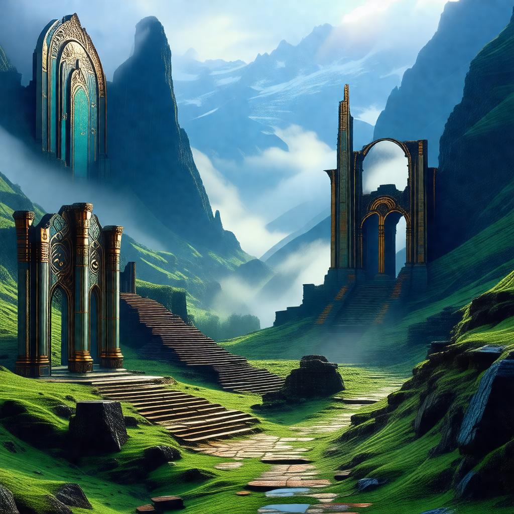 Digital painting of a mountainous landscape with a path l...