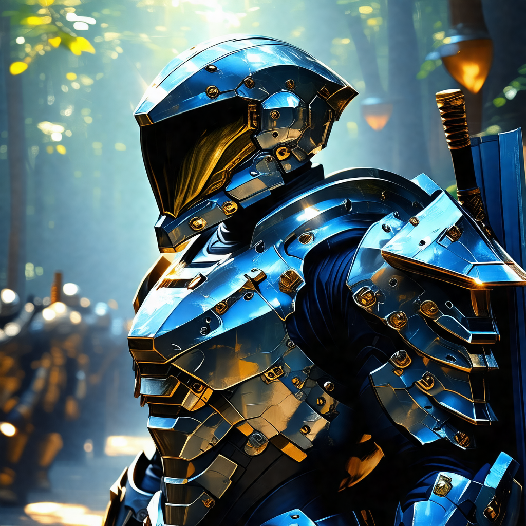 Futuristic warrior dressed in a metallic suit, standing i...
