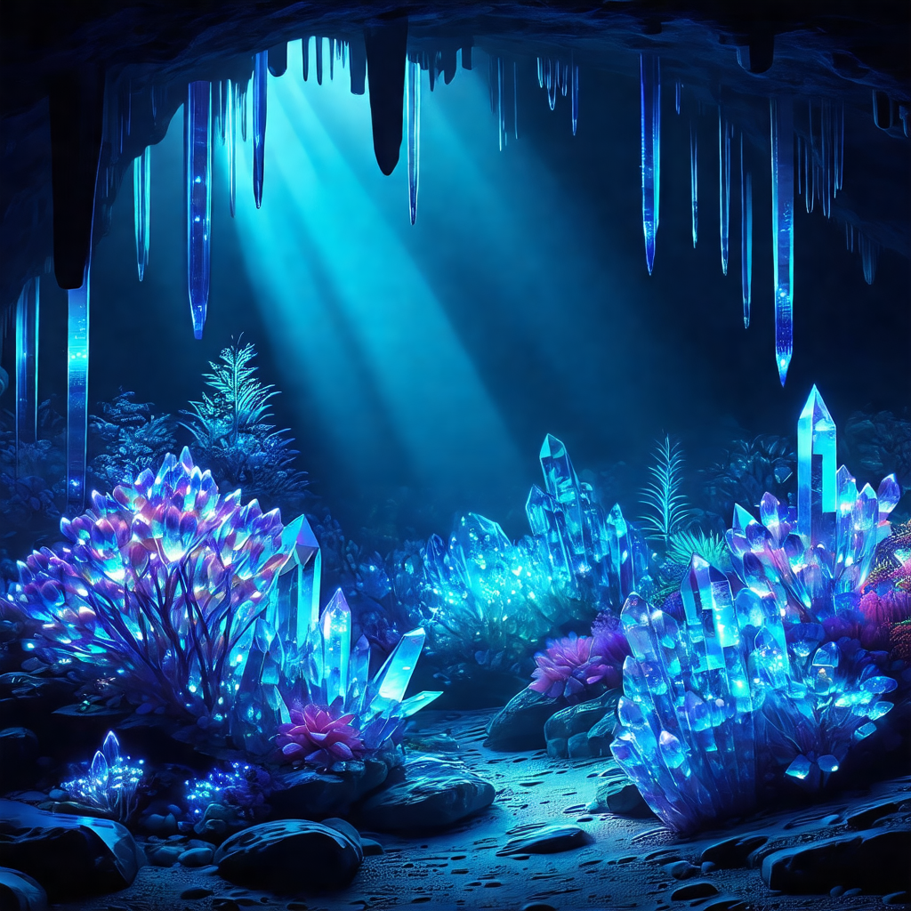 Cave with a blue light illuminating the area